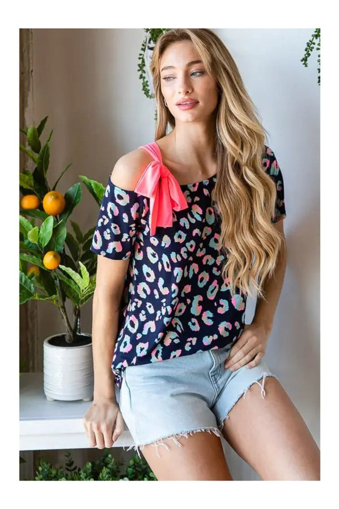 Women’s Printed Bow-Detail Short Sleeve Top – Round Neck Loose Casual Blouse