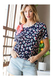 Women’s Printed Bow-Detail Short Sleeve Top – Round Neck Loose Casual Blouse