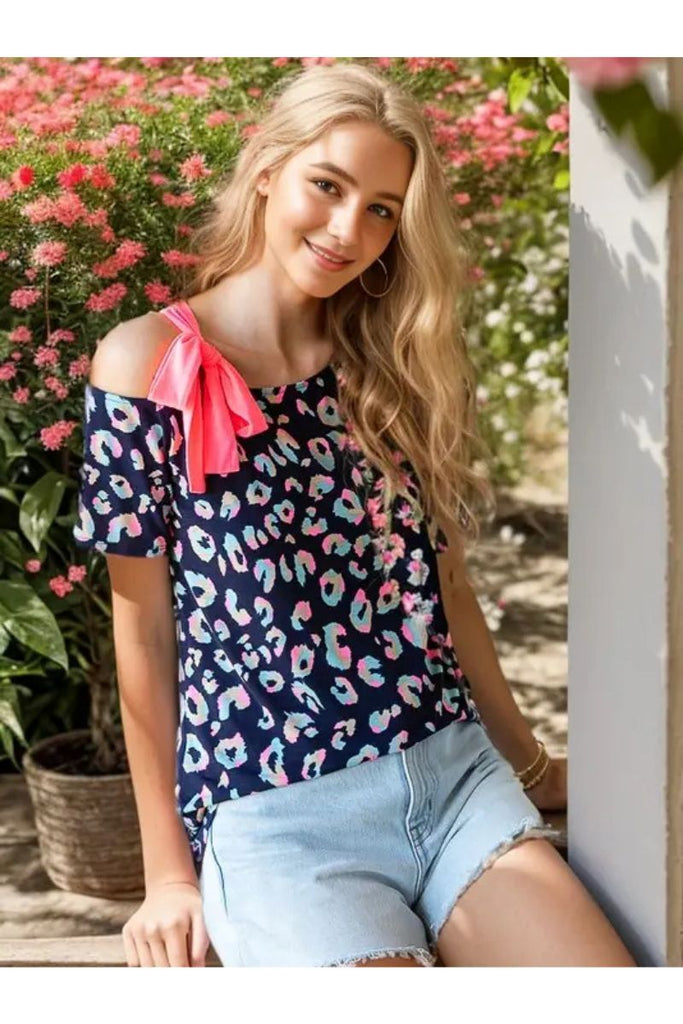 Women’s Printed Bow-Detail Short Sleeve Top – Round Neck Loose Casual Blouse