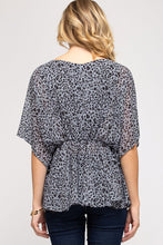 Load image into Gallery viewer, Women’s Leopard Print Chiffon Blouse – V-Neck Batwing Sleeves with Drawstring Waist & Flounce Hem