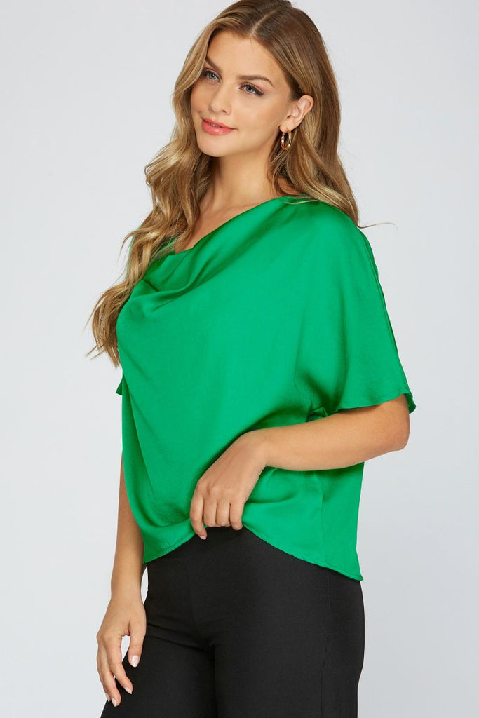 Women’s Draped Cowl-Neck Blouse – Dolman Sleeves, Relaxed Straight Fit, Office-to-Event Top