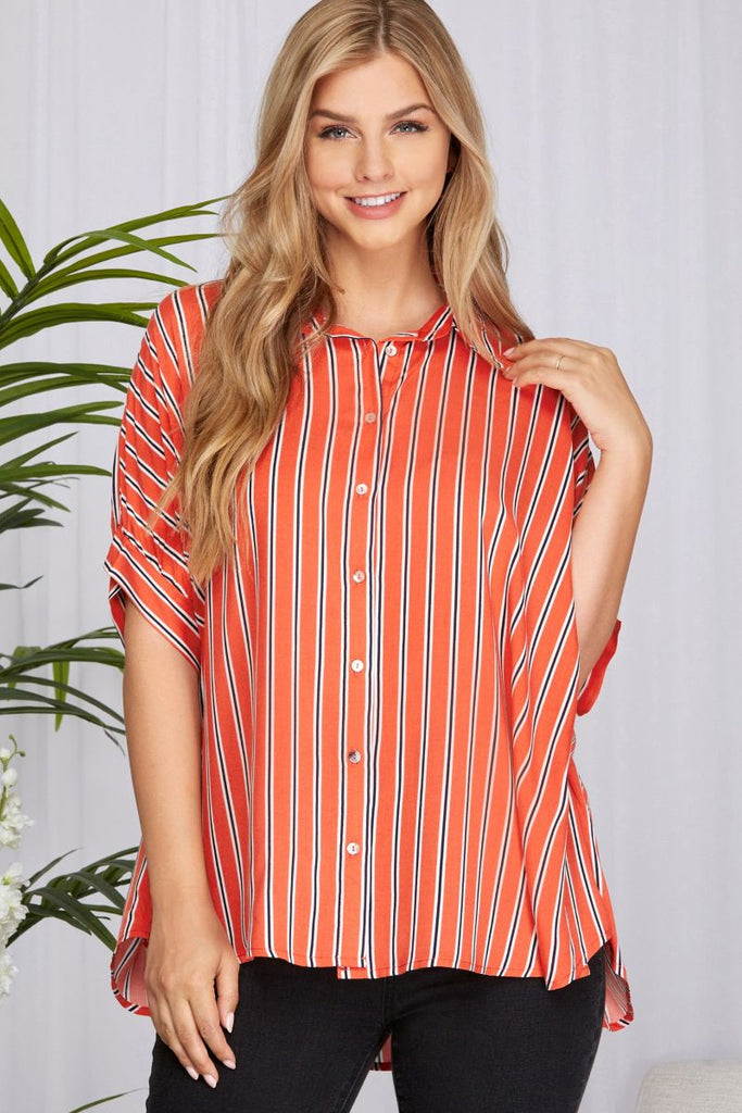 Women’s Vertical Stripe Button-Down Blouse – Dolman Short Sleeves, High–Low Hem, Relaxed Fit