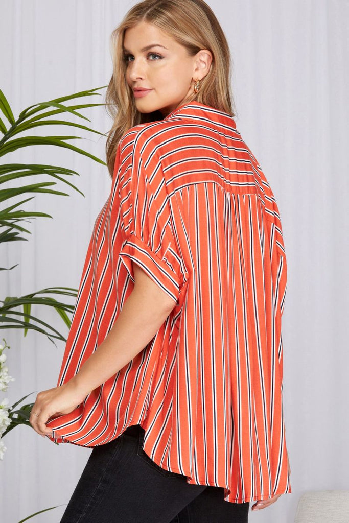 Women’s Vertical Stripe Button-Down Blouse – Dolman Short Sleeves, High–Low Hem, Relaxed Fit