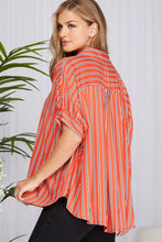 Load image into Gallery viewer, Women’s Vertical Stripe Button-Down Blouse – Dolman Short Sleeves, High–Low Hem, Relaxed Fit