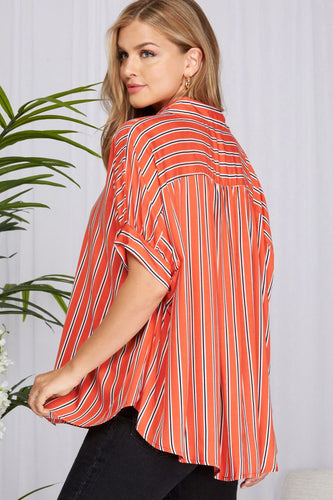 Women’s Vertical Stripe Button-Down Blouse – Dolman Short Sleeves, High–Low Hem, Relaxed Fit