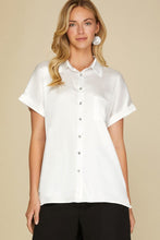 Load image into Gallery viewer, Women’s Satin-Feel Short Sleeve Button-Down Shirt – Relaxed Straight Fit with Rolled Cuffs & Chest Pocket