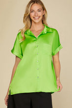 Load image into Gallery viewer, Women’s Satin-Feel Short Sleeve Button-Down Shirt – Relaxed Straight Fit with Rolled Cuffs & Chest Pocket