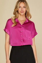 Load image into Gallery viewer, Women’s Satin-Feel Short Sleeve Button-Down Shirt – Relaxed Straight Fit with Rolled Cuffs & Chest Pocket