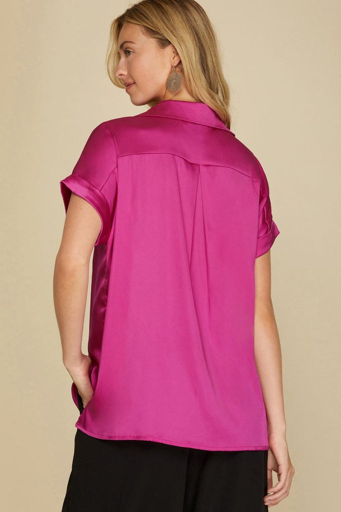 Women’s Satin-Feel Short Sleeve Button-Down Shirt – Relaxed Straight Fit with Rolled Cuffs & Chest Pocket