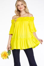 Load image into Gallery viewer, Women’s Off-Shoulder Ruffled Smock Neck Tunic Top – Flowy A-Line Silhouette with Puff Mid Sleeves