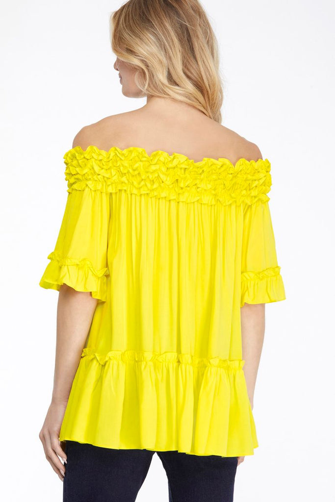 Women’s Off-Shoulder Ruffled Smock Neck Tunic Top – Flowy A-Line Silhouette with Puff Mid Sleeves