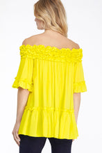 Load image into Gallery viewer, Women’s Off-Shoulder Ruffled Smock Neck Tunic Top – Flowy A-Line Silhouette with Puff Mid Sleeves