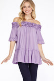 Women’s Off-Shoulder Ruffled Tunic Top – Smocked Neckline, Puff Mid Sleeves & Flowy A-Line Fit