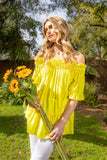 Women’s Off-Shoulder Ruffled Smock Neck Tunic Top – Flowy A-Line Silhouette with Puff Mid Sleeves