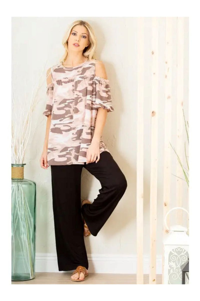 Women’s Cold Shoulder Loose Fit Top – Round Neck Ruffle Sleeve Tunic Casual Tee