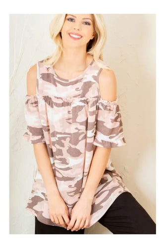 Women’s Cold Shoulder Loose Fit Top – Round Neck Ruffle Sleeve Tunic Casual Tee