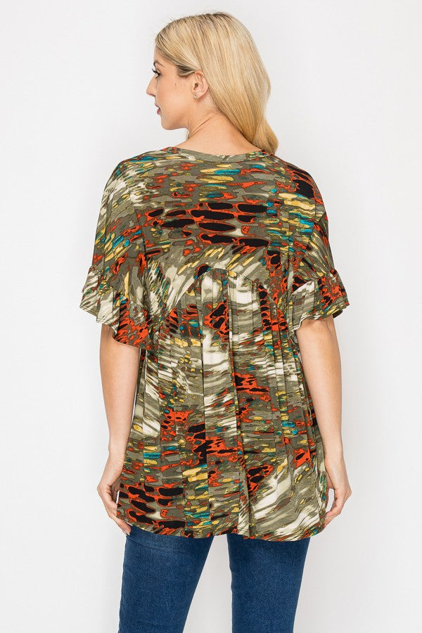 Women’s V-Neck Printed Swing Blouse – Dolman Sleeves, Front Pleats & Long A-Line Silhouette