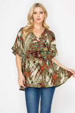 Load image into Gallery viewer, Women’s V-Neck Printed Swing Blouse – Dolman Sleeves, Front Pleats & Long A-Line Silhouette