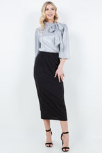 Load image into Gallery viewer, Women’s Pleated Tie-Neck Tunic Blouse – 3/4 Puff Sleeves, High–Low Hem, Fluid Relaxed Fit