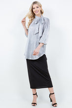 Load image into Gallery viewer, Women’s Pleated Tie-Neck Tunic Blouse – 3/4 Puff Sleeves, High–Low Hem, Fluid Relaxed Fit