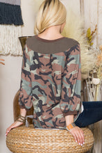 Load image into Gallery viewer, Women’s Camo Print V-Neck Patchwork Long-Sleeve Top – Soft Stretch Knit, Tunic Length, Easy Everyday Style