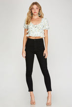 Load image into Gallery viewer, Floral Tie-Front Cropped Blouse – Deep V Neck, Puff Sleeves & Double Ruffle Peplum
