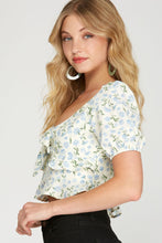 Load image into Gallery viewer, Floral Tie-Front Cropped Blouse – Deep V Neck, Puff Sleeves & Double Ruffle Peplum