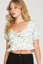Load image into Gallery viewer, Floral Tie-Front Cropped Blouse – Deep V Neck, Puff Sleeves & Double Ruffle Peplum