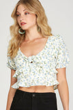 Floral Tie-Front Cropped Blouse – Deep V Neck, Puff Sleeves & Double Ruffle Peplum