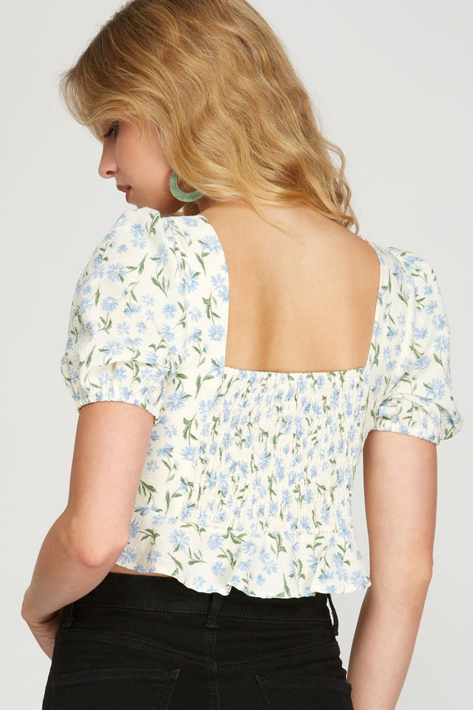 Floral Tie-Front Cropped Blouse – Deep V Neck, Puff Sleeves & Double Ruffle Peplum