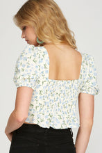 Load image into Gallery viewer, Floral Tie-Front Cropped Blouse – Deep V Neck, Puff Sleeves & Double Ruffle Peplum