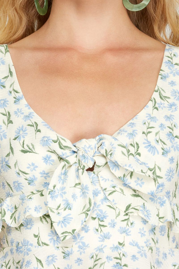 Floral Tie-Front Cropped Blouse – Deep V Neck, Puff Sleeves & Double Ruffle Peplum