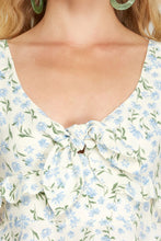 Load image into Gallery viewer, Floral Tie-Front Cropped Blouse – Deep V Neck, Puff Sleeves & Double Ruffle Peplum