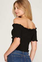 Load image into Gallery viewer, Women’s Off-Shoulder Smocked Crop Top – Ruffle Trim Short Sleeve Stretch Tee