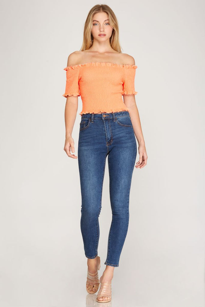 Women’s Off-Shoulder Smocked Crop Top – Ruffle Trim Short Sleeve Slim-Fit Tee