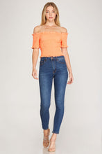 Load image into Gallery viewer, Women’s Off-Shoulder Smocked Crop Top – Ruffle Trim Short Sleeve Slim-Fit Tee