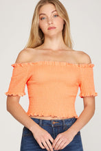 Load image into Gallery viewer, Women’s Off-Shoulder Smocked Crop Top – Ruffle Trim Short Sleeve Slim-Fit Tee