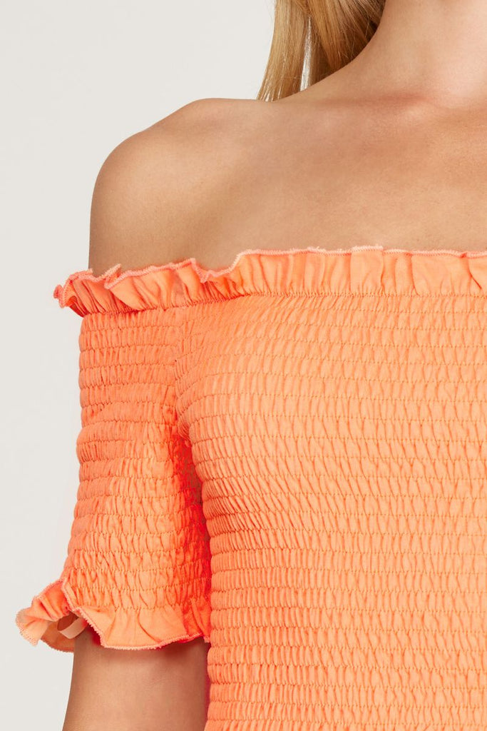 Women’s Off-Shoulder Smocked Crop Top – Ruffle Trim Short Sleeve Slim-Fit Tee