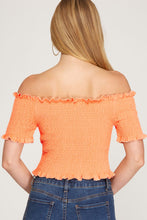 Load image into Gallery viewer, Women’s Off-Shoulder Smocked Crop Top – Ruffle Trim Short Sleeve Slim-Fit Tee
