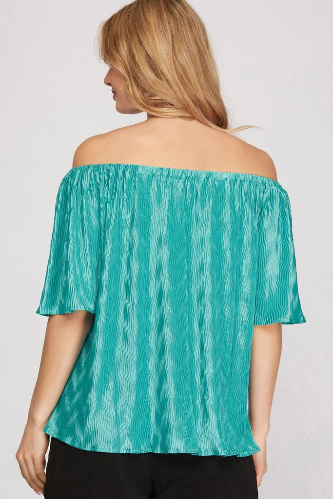 Women’s Off-Shoulder Crinkle-Texture Blouse – Relaxed Fit with Flared Half Sleeves