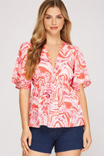 Load image into Gallery viewer, Women’s Printed Chiffon Blouse – V-Neck Smocked Empire Waist with Flutter Sleeves