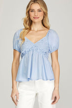 Load image into Gallery viewer, Women’s V-Neck Lace Patchwork Puff Sleeve Blouse – Elegant Slim Fit Flowy Top