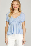 Women’s V-Neck Lace Patchwork Puff Sleeve Blouse – Elegant Slim Fit Flowy Top