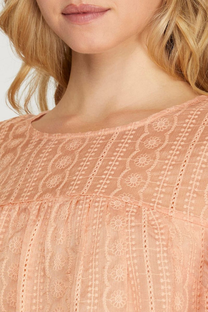 Women’s Lace Eyelet Short-Sleeve Blouse – Relaxed Boxy Fit Round Neck Top
