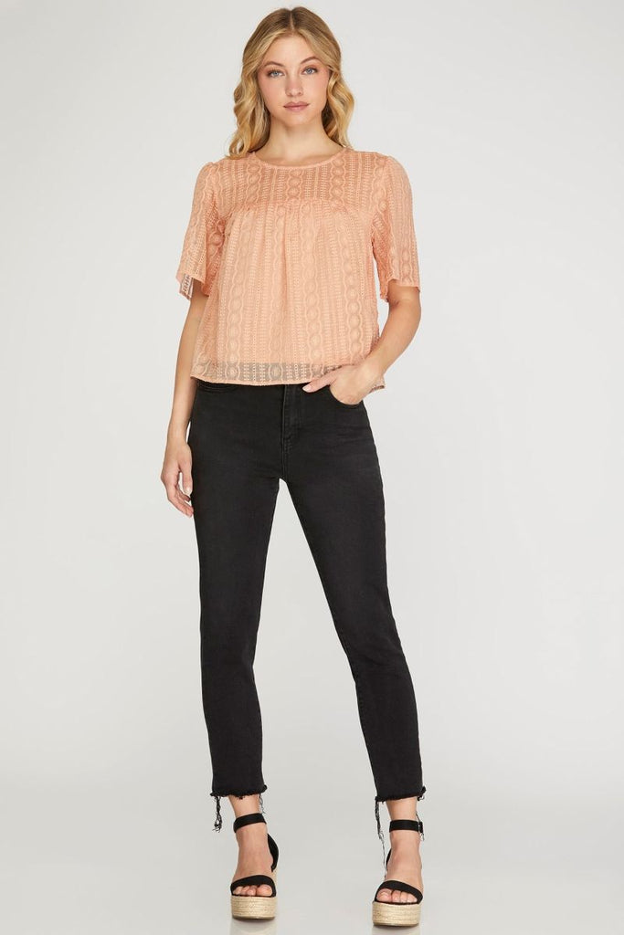 Women’s Lace Eyelet Short-Sleeve Blouse – Relaxed Boxy Fit Round Neck Top