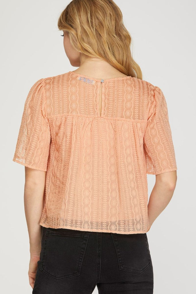 Women’s Lace Eyelet Short-Sleeve Blouse – Relaxed Boxy Fit Round Neck Top