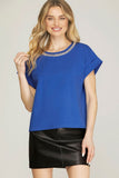 Women’s Embellished Round Neck Short Sleeve Top – Loose Fit Casual Elegant Tee
