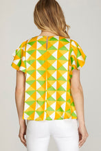 Load image into Gallery viewer, Women’s Geometric Print Flutter Sleeve Blouse – Lightweight Round Neck Casual Top