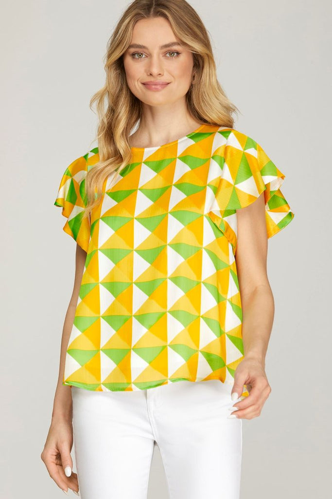 Women’s Geometric Print Flutter Sleeve Blouse – Lightweight Round Neck Casual Top