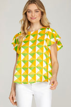 Load image into Gallery viewer, Women’s Geometric Print Flutter Sleeve Blouse – Lightweight Round Neck Casual Top